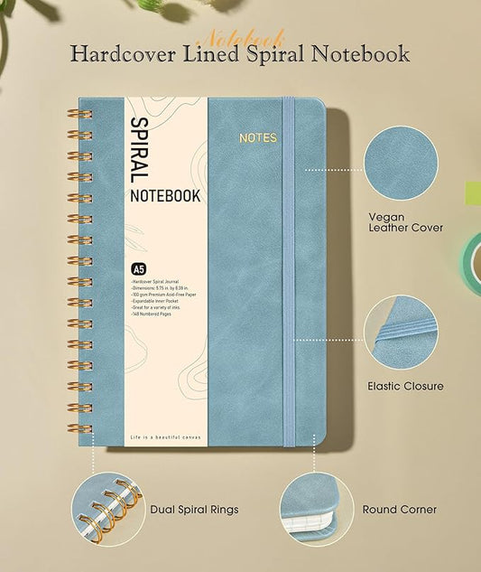 Office Prime Graph Spiral Notebook — A5, 5.75×8.38 in, 150 Pages, Misty Blue