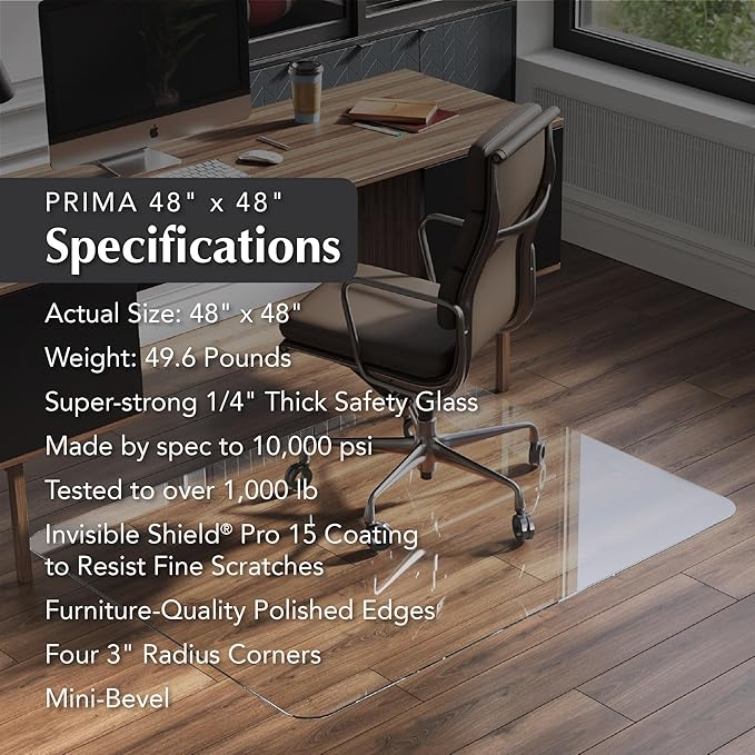 Vitrazza Glass Chair Mat 48” x 48” Superior ¼" thick, Luminoso Low-iron Ultra Clear, Certified Tempered Safety Glass, Delivers a Smooth Glide, Protects Carpet or Wood, Beautiful in Home or Office.