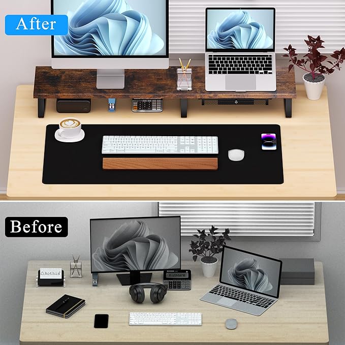 Aothia Dual Monitor Stand Riser with Drawer — Metal Leg Desk Shelf
