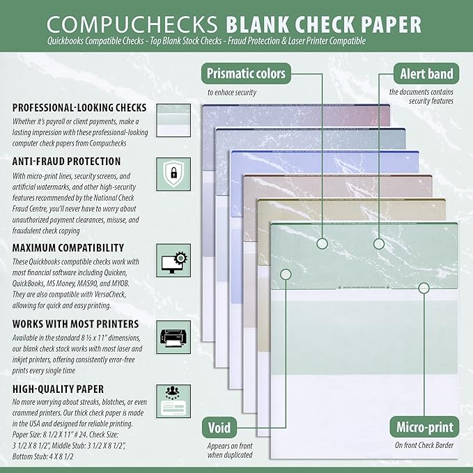 Compuchecks Top Blank Check Paper - 2500 Pack, Quick-Books & Laser Printer Compatible - Security Business Checks with Voucher - 8.5" x 11" Blue Diamond