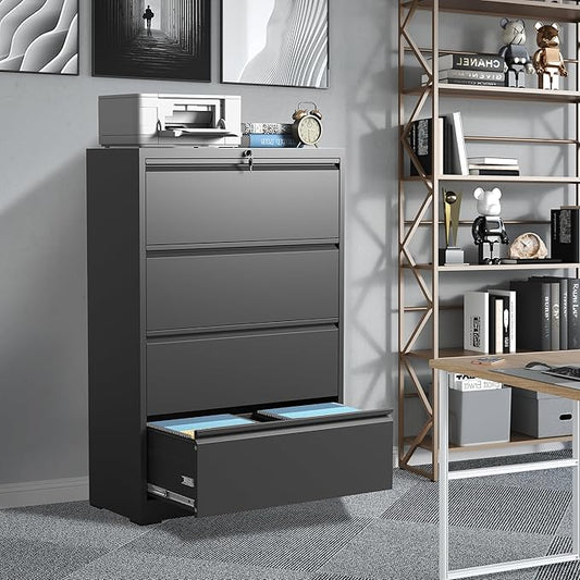 FLIXELIO File Cabinets 4 Drawer,Metal Office Storage Filing Cabinet with Lock,Black Lateral Filing Cabinet for Home Office,Horizontal Locking File Cabinet for Legal/Letter/A4 Files,Assembly Required