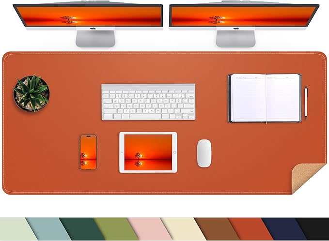 AFIING Leather Desk pad Protector, Large Desk mat with Natural Cork & PU Leather,Mouse pad,Non-Slip Office Desk Mat,Waterproof Desk Writing Pad for Office and Home (47in*23in, Orange)