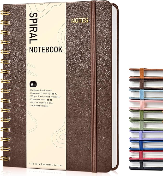 Dotted Spiral Journal Notebook, A5 Hardcover Spiral Journals for Women Men, 100 GSM Dot Grid Paper Notebooks, 150 Pages Spiral Bullet Dotted Notebook for Writing Note Taking 5.75" x 8.38", Dark Brown
