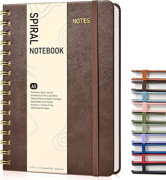Office Prime Graph Spiral Notebook — A5, 5.75×8.38 in, 150 Pages, Dark Brown
