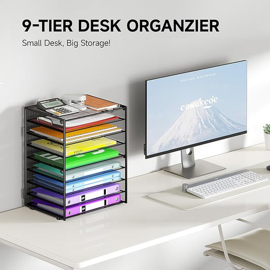 Cawukege 9 Tier Paper Organizer with Handle, Large Capacity Desk Organizer Mesh Paper Letter Tray File Folder Document Sorter for Classroom and Office Accessories Organization- Black (2 Pack)