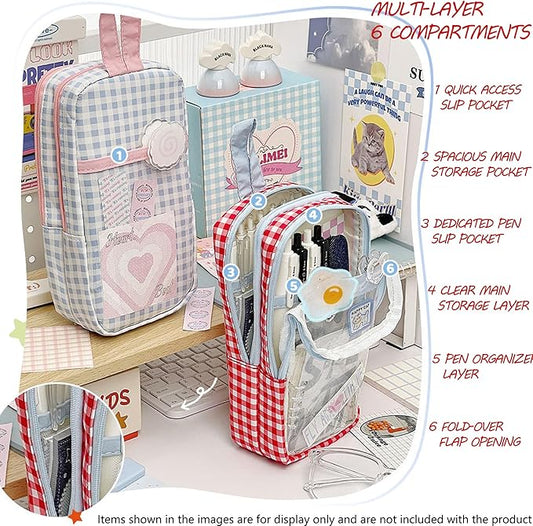 UINSUE Cute Pen case Adorable Bunny Transparent 3-Layer Large Capacity Pencil Case Gadget organizer with Lovely Stickers (Red Plaid)
