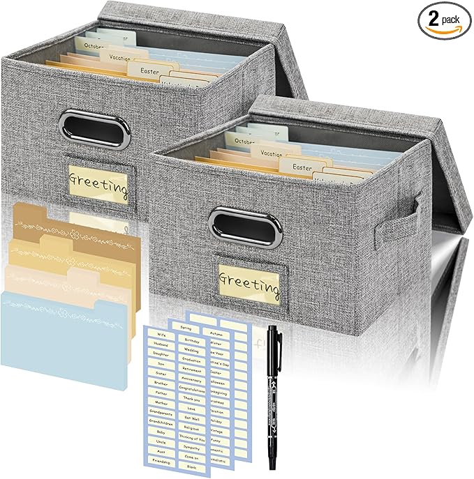 Remowith Greeting Card Organizer and Storage Box with 20 Pcs Adjustable Dividers, Storing Cards with 84 Pcs Labels Perfect for Storing Greeting Cards, Envelopes, Photos 2 Pack Grey