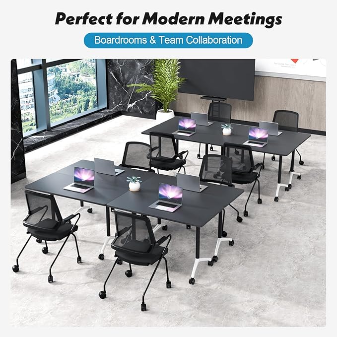 Goakwwuz Conference Room Table, Folding Conference Tables,Thicken Grey Tabletop,Flip Top Wooden Seminar Meeting Room Table for Conference Room Offices (2, Black, 70.8”)