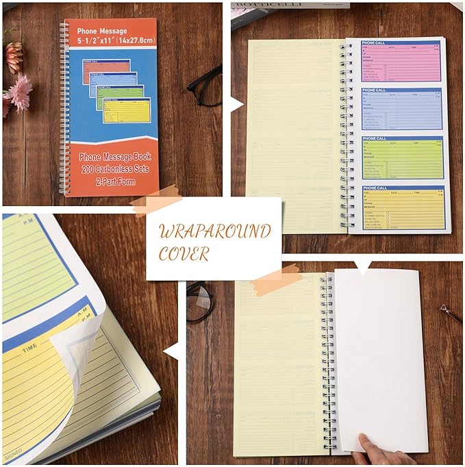 Fullhawl 1 Pcs Spiral Bound Phone Message Book 5-1/2" x 11" 2 Part Colorful Carbonless Phone Message Pads 4 Messages Per Page Carbon Copy Notebook Spiral Phone Call Log Book for Business Office