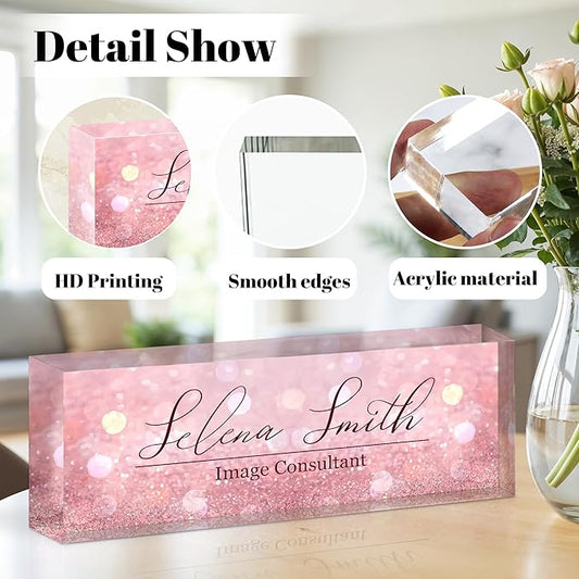 Personalized Name Plate for Desk, Custom Acrylic Desk Name Sign, Office Appreciation Gifts for Women Men Coworkers Boss Teacher Employee (Pink Sequin)