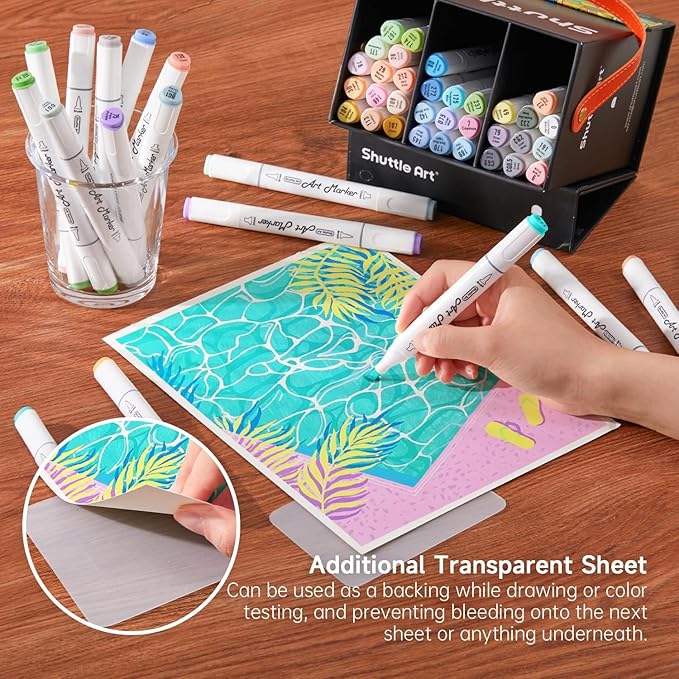 Shuttle Art Pastel Alcohol Markers Brush tip, Dual Tip Brush & Chisel Tip Art Marker Set, 50 Colors plus 1 Blender Marker Pens with Case Perfect for Illustration Students Adults Coloring Sketching