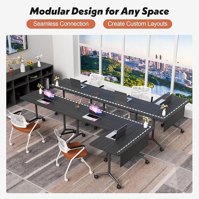 Goakwwuz Conference Room Table, Folding Conference Tables,Thicken Grey Tabletop,Flip Top Wooden Seminar Meeting Room Table for Conference Room Offices (4, BlackWoodGrain, 55.1”)