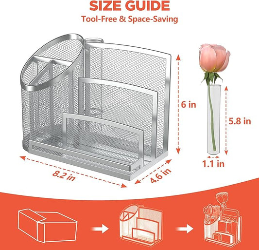 OrgMate 3 Compartment Pen Holder with Vertical Mail Organizer and Flower Tube, Metal Mesh Desk Organizer Modern Decor Aesthetic-Paper Letter Sorter Ideal for Pencil,Envelope and File(Silver)