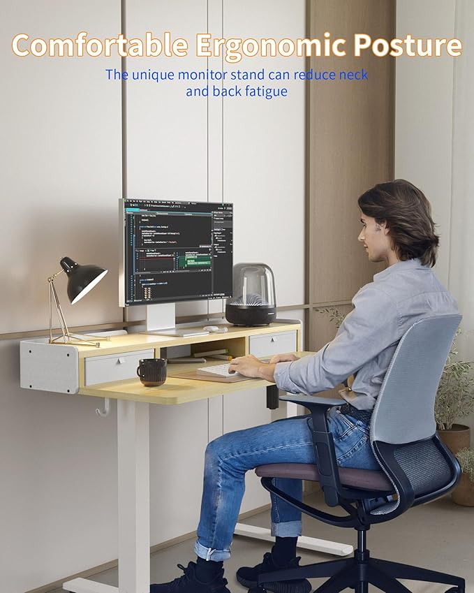 YIHAYO Electric Standing Desk with Drawers, 55 x 24 Inches Adjustable Desk with Storage Shelf, Stand Up Desk with Splice Board, Computer Table for Home Office, White Frame/Natural Top