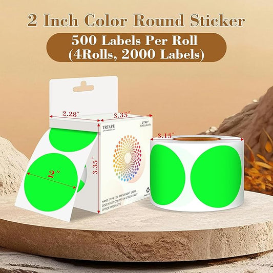 2 Inch Color Coding Round Labels (2000Pcs, 4 Rolls) - Round Colored Dot Stickers for Inventory, Pantry, Warehouse Organization - Fluorescent Green Circle Dot Labels