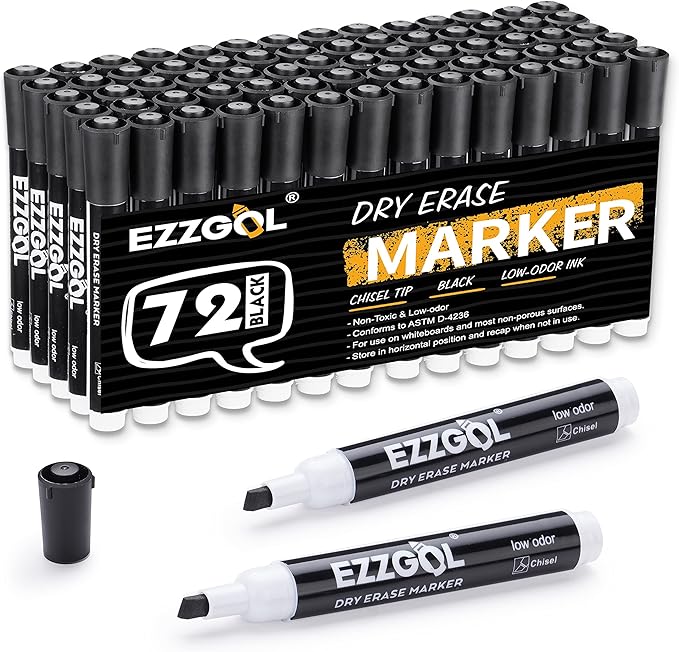 Ezzgol Dry Erase Markers Bulk — Black, Low-Odor, 72 Pack