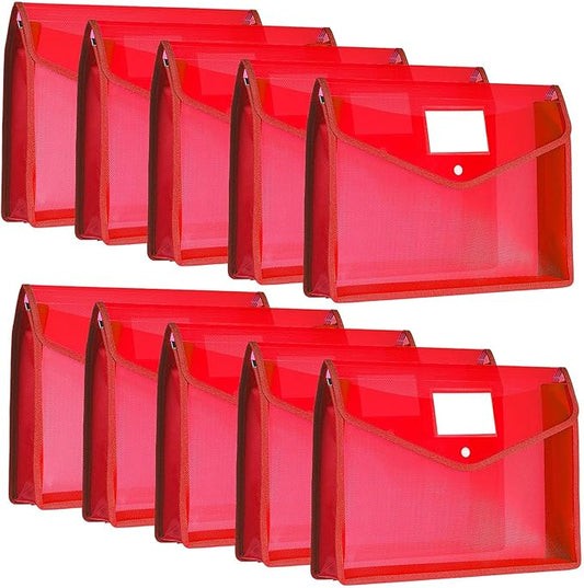 10 Pieces Plastic File Folders Envelope Expanding File Wallet Organizer Documents Folder with Snap Closure and Pocket, A4 Size Waterproof Transparent Pouch(Red,Horizontal)