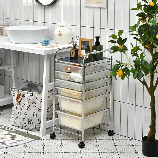 RELAX4LIFE 6-Drawer Rolling Storage Cart - Classroom Organization on Wheels w/Removable Plastic Drawers, Mobile Art Craft Cart for School Paper Home Office, Utility Cart with Drawers (Clear)