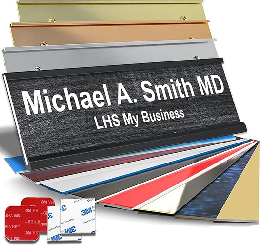 Personalized Name Plate with Choice of Mounting Holders for Walls, Doors, Cubicles, Hanging and More - Custom Bloss Burlwood Plastic Gold Letters - USA Made 2x10 - N2