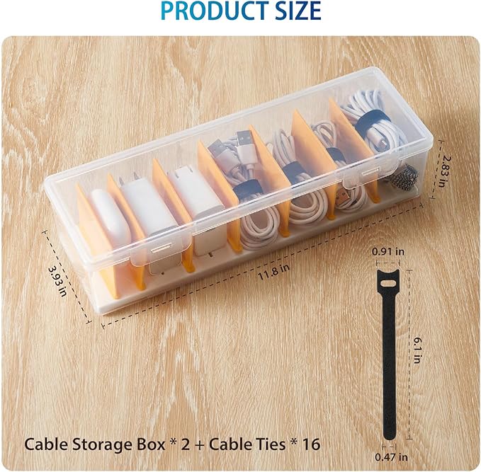 Fzooua 2 Pack Cable Organizer Storage Box with 16 Cable Ties, Clear Phone Charger Organizer Case Wire Organizers for Cords Electronic Storage Box for Drawer Desk Office Home
