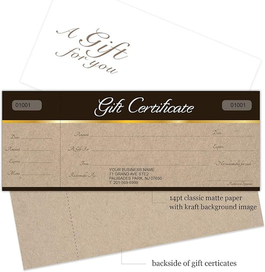 IMPACTONLINEPRINTING Custom Gift Certificates Cards with Envelopes 100 set - Sephia on kraft backgound image - Gift Certificates for Small Business