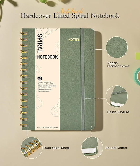 Office Prime Graph Spiral Notebook — A5, 5.75×8.38 in, 150 Pages, Sage Green