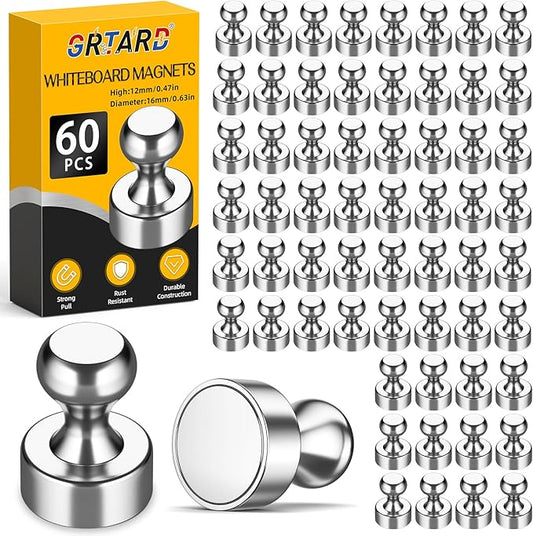 Grtard 60 Pack Magnetic Push Pins, Fridge Magnets for Whiteboard, Whiteboard Magnets Refrigerator Magnets, Small and Strong Push Pin Magnet for Office, School, Locker, and Map Magnet (Silver)