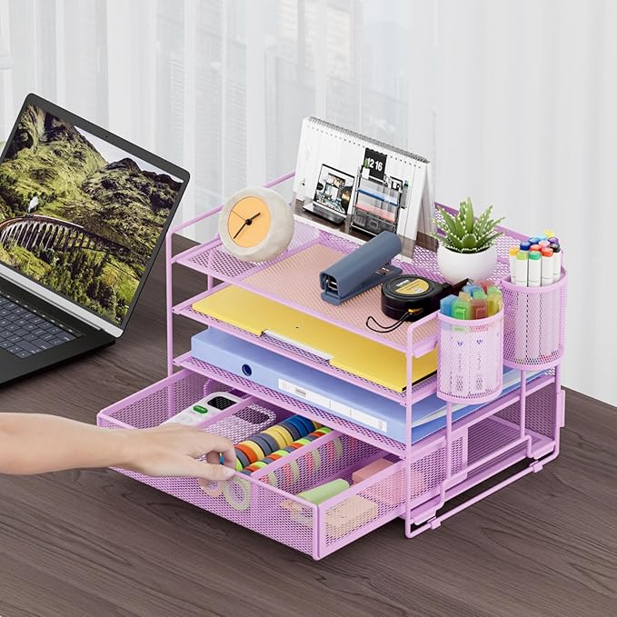 Marbrasse 4-Trays Desk File Organizer with 2 Pen Holder (Purple, Letter)