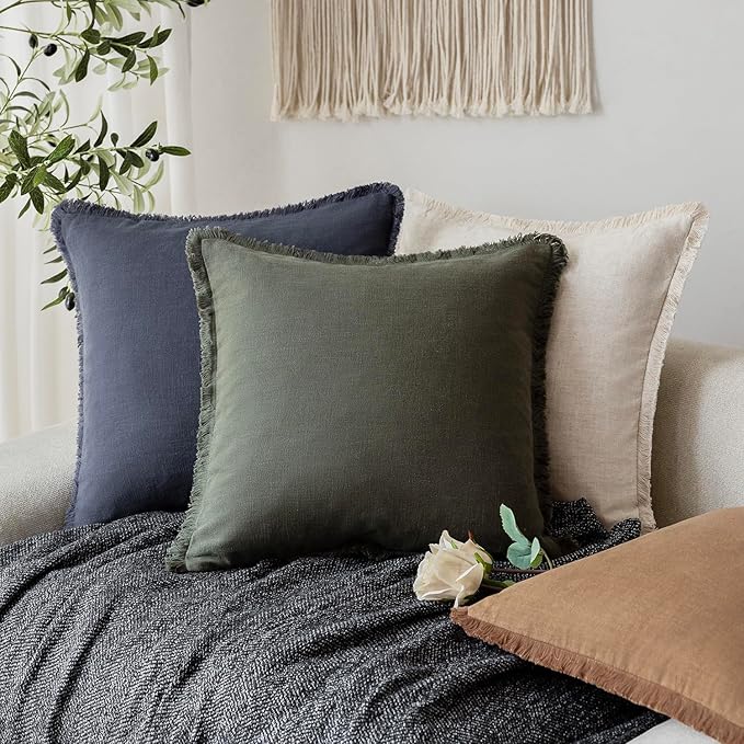Foindtower Set of 2 Decorative Linen Fringe Throw Pillow Covers... (Green, 12×..
