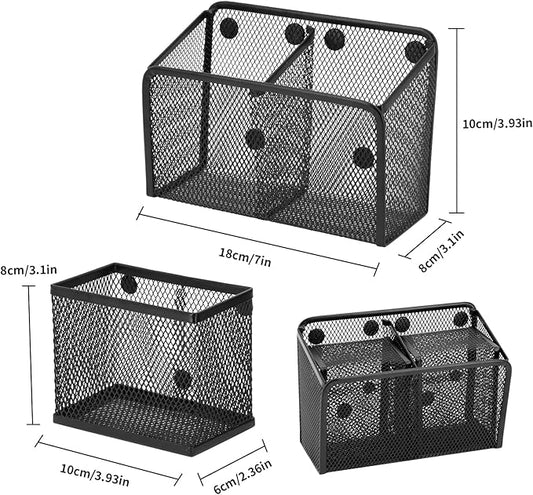 Neudeco Locker Shelf Organizer, Magnetic Pencil Holder, Metal Storage Basket for Whiteboard, Refrigerator, Ideal Cabinet for School, Black (Pack 3L)