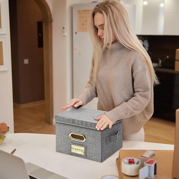 Remowith Greeting Card Organizer and Storage Box with 20 Pcs Adjustable Dividers, Storing Cards with 84 Pcs Labels Perfect for Storing Greeting Cards, Envelopes, Photos 2 Pack Grey