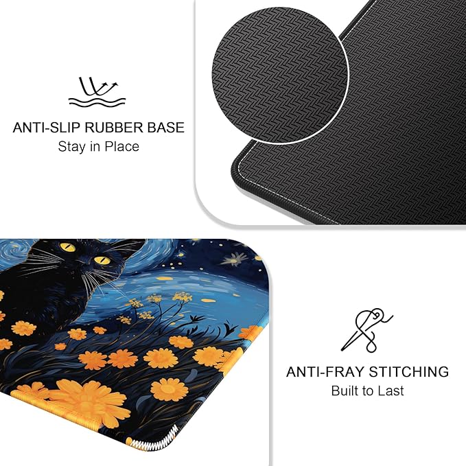 Auhoahsil Mouse Pad, 12 x 10 in Van Gogh Style Cat Theme Computer Mouse Pad for Desk, Premium-Textured Non-Slip Rubber Stitched Edges Waterproof Square Mouse Mat for Gaming Work Wireless Mice