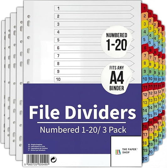 Binder Dividers with Tabs 1-20 Numbered – A4 (3 Pack) | Dividers for 3 Ring Binder | Numbered Tab Dividers for Office, School & Home Organization - The Paper Shop