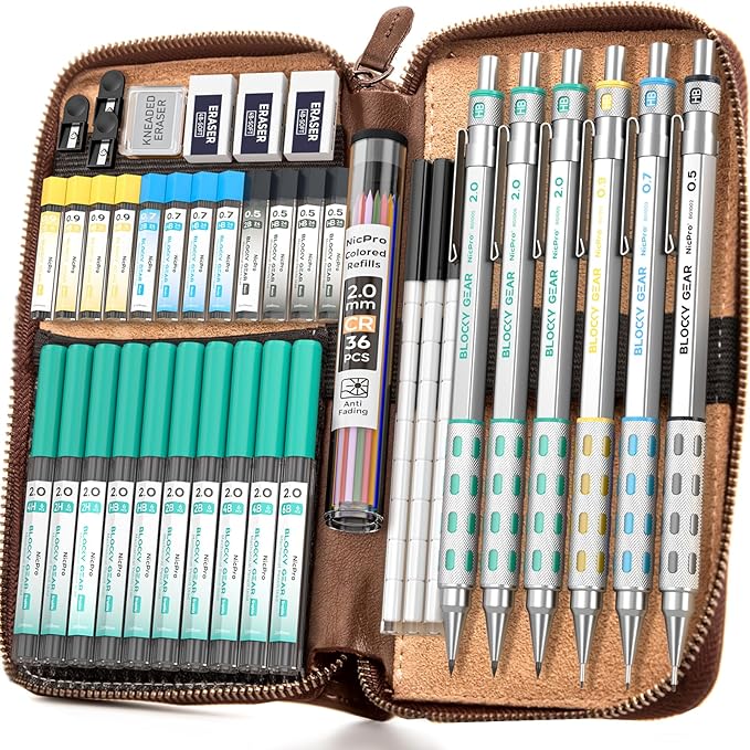 Nicpro Blocky Gear Metal Mechanical Pencil Set with Leather Case (40PCS)