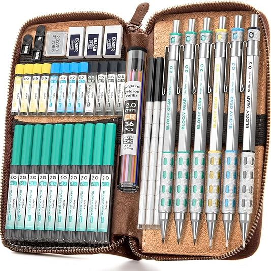 Nicpro Blocky Gear Metal Mechanical Pencil Set with Leather Case (40PCS)