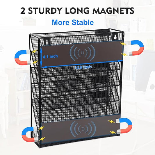 EASEPRES Magnetic File Organizer Mesh 6-Tier, Hanging Wall Mount File Organizer Vertical Holder Rack for Office Home, Black