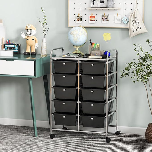 GLACER 10 Drawer Rolling Cart, Storage Cart with Lockable Whieels & Metal Frame, Trolley for Art Craft Oganizer, Mobile Utility Cart for Office, School, Classroom, Kitchen (Black)