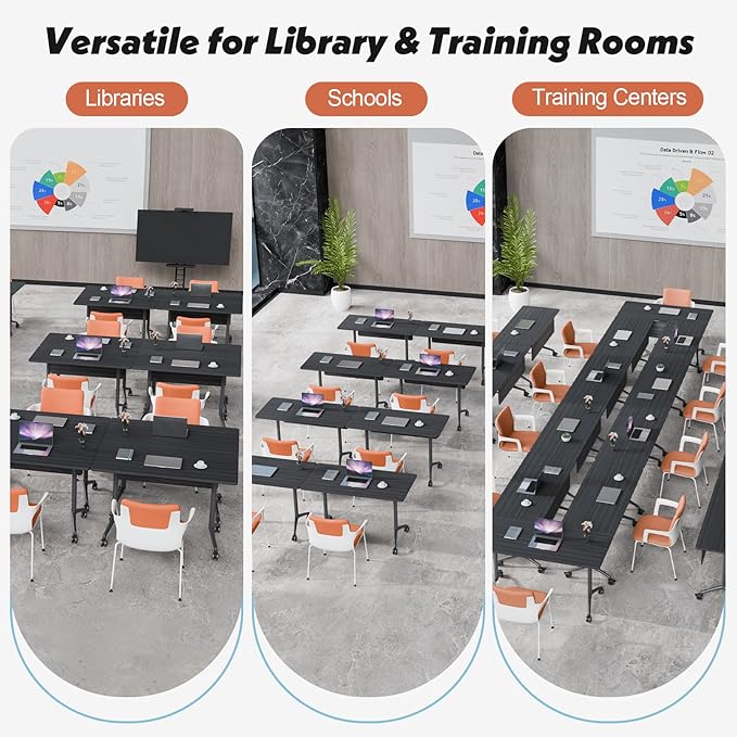 Goakwwuz Conference Room Table, Folding Conference Tables,Thicken Grey Tabletop,Flip Top Wooden Seminar Meeting Room Table for Conference Room Offices (6, BlackWoodGrain, 55.1”)