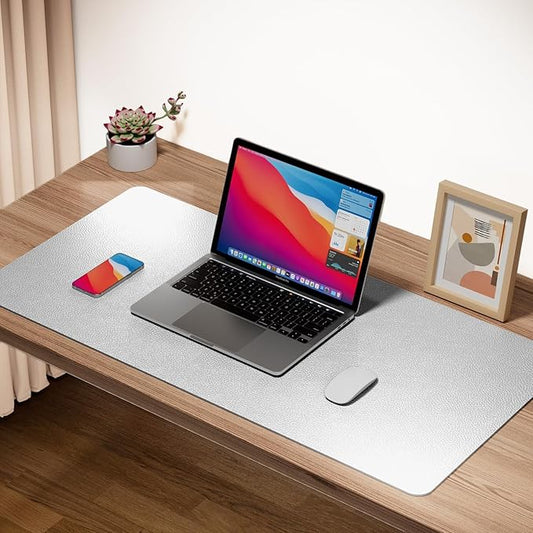 Boutilon Leather Desk Pad Protector,Non-Slip Mouse Pad,Laptop Desk Pad,Office Mouse Mat,Waterproof Leather Desk Blotter,Desk Writing Pad for Office and Home (S-Silver,24"x 14")