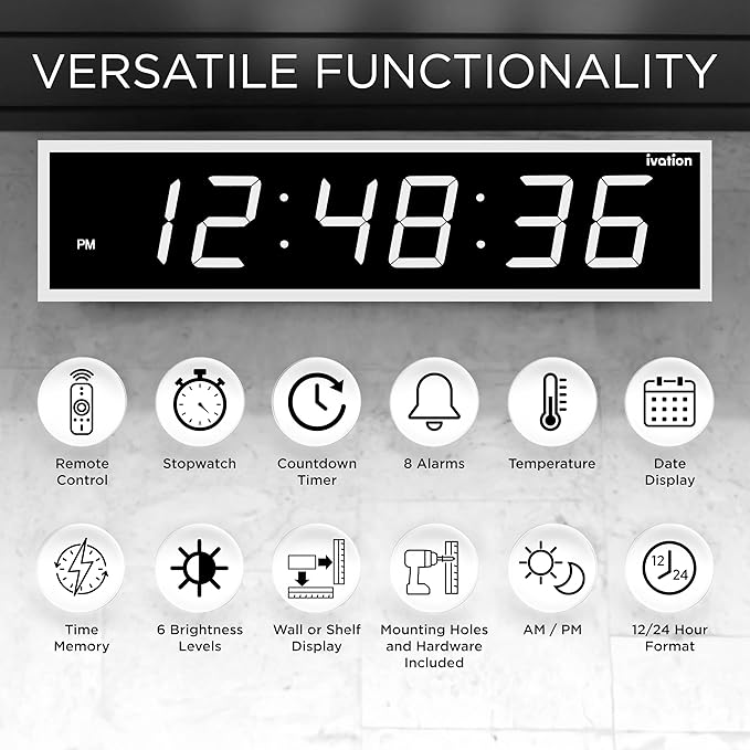 Ivation Oversized 24" Large Digital LED Clock | Big Digital Clock w/Multi-Function Display – Stopwatch, Timer, Alarms, Temp & Date | 6 Brightness Levels, Time Memory & Remote (White)
