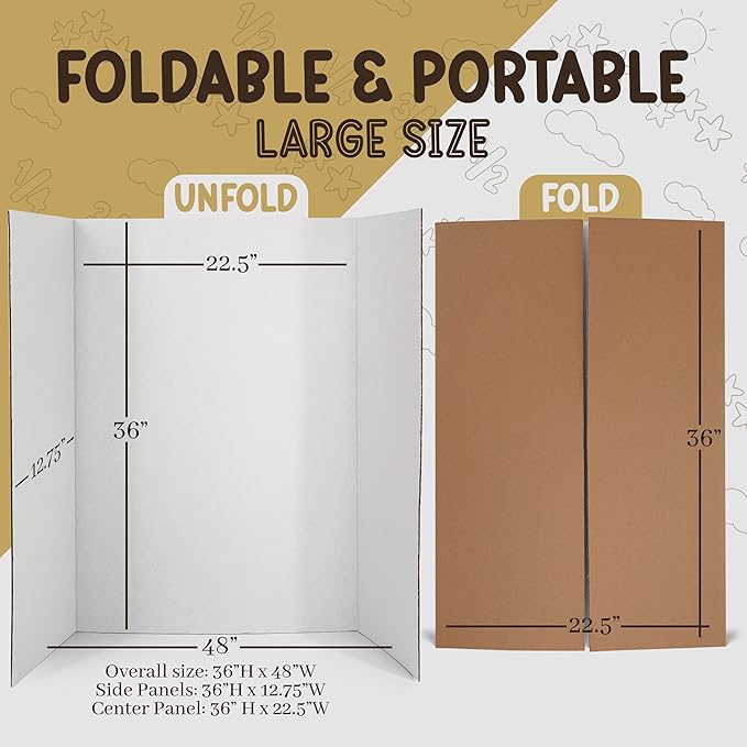 Trifold Poster Board 36" x 48" White Presentation Board - Self-Adhesive Science Subtitles Included - Science Fair Display Boards, for School, Fun Projects and Business Presentations - by Emraw