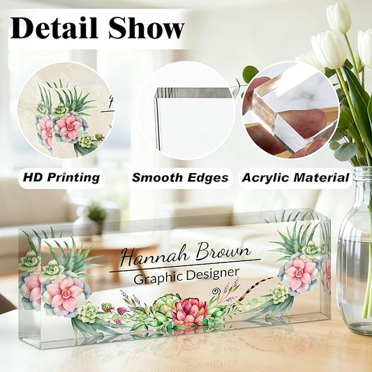 Ship Next Day-Custom Name Plate for Desk, Desk Name Plate Personalized, Acrylic Office Desk Accessories, Appreciation Gifts for Coworkers Employee Teachers Boss Women Men (Succulent Plants)