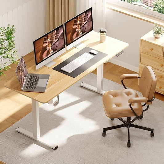 FitStand Adjustable Standing Desk, 63x24 Inches Home Office Desk with Memory Preset Computer Workstation Maple Top + White Frame