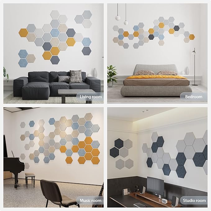 Amantech 12 Pack Acoustic Panels Self Adhesive Sound Proof Foam,High Density Sound Acoustic Foam Panel,12X10.23X0.4 Inch Hexagon Wall Panels in Home,Office,Reccording Room,Studio(Silver Gray)