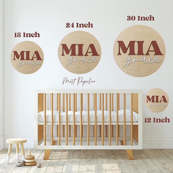 Custom Round Nursery Name Sign, Personalized Wooden Wall Plaque, 12" 18" 24" 30" 3D Wall Art for Children & Kids Rooms, Baby Shower, Hickory Hollow Designs (Hannah Claire)