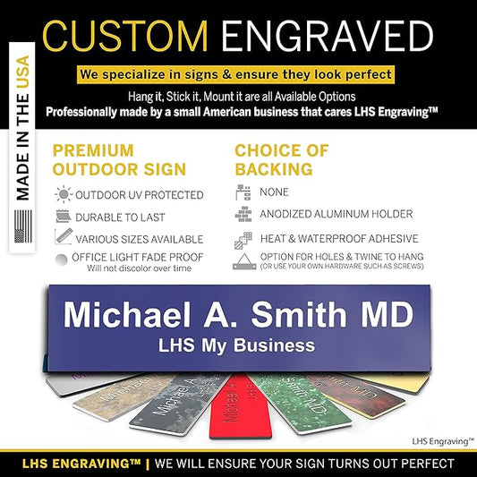 Personalized Name Plate with Choice of Mounting for Walls, Doors, Desk Holders, Cubicles, Hanging and More - Custom Purple Plastic White Letters - USA Made 2x8 - B13
