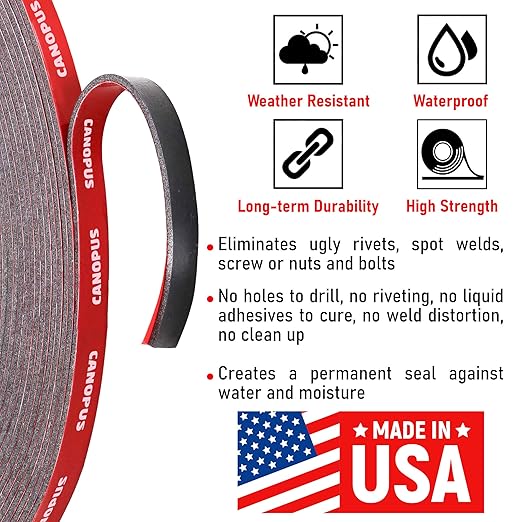 CANOPUS Double Sided Tape, 5952 Heavy Duty Mounting Tape, Strong Bond & Weatherproof Seal Strip for Automotive Mounting, Picture and Photo Frame, Poster, Craft, 0.25 in x 15 ft, Black, Made in USA