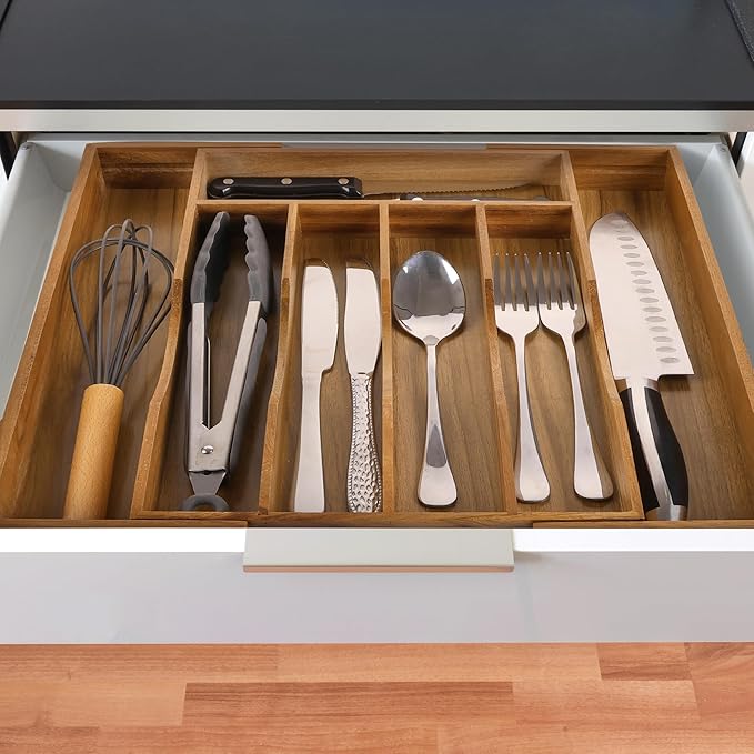 oridom Expandable Acacia Kitchen Drawer Organizer for Cutlery and Utensils, Adjustable Acacia Wood Cutlery Tray in Drawer for Flatware and Silverware in Kitchen
