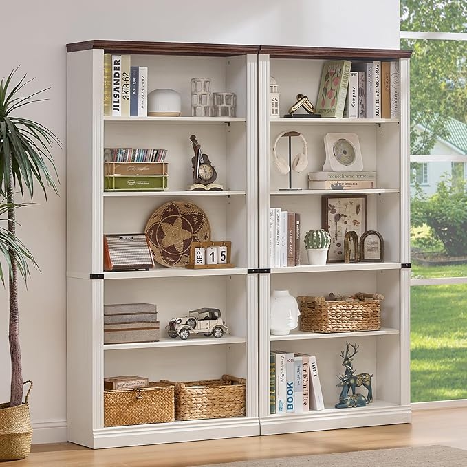 RWYHG 70" White Tall Bookshelf Set of 2,5-Tier Thick Wooden Book Shelf with Adjustable Shelves,Free Standing Farmhouse Bookcase with Open Display Storage,Floor Vintage Bookshelves for Living Room