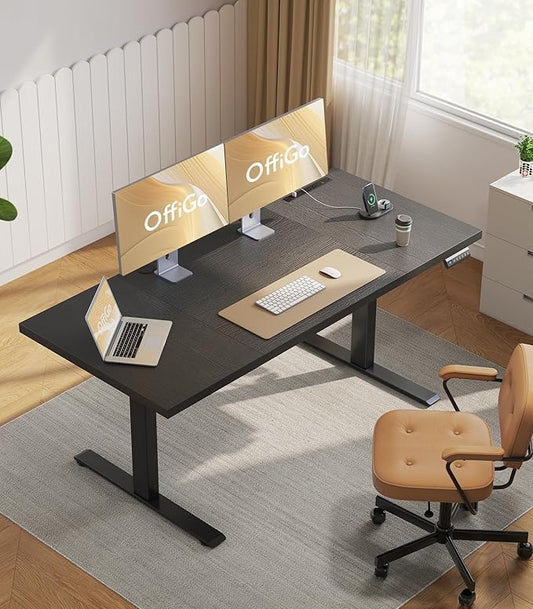 OffiGo 71 Inch Executive Electric Standing Desk, Height Adjustable Desk with Power Outlet & 1.38" Thick 3-Piece Desktop, Sit Stand Computer Desk for Home, Office, Conference Room, Black